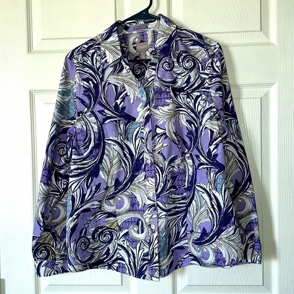 Chico's Wrinkle Resistant Purple Paisley Print Button Up Long Sleeve Shirt Sz 2 - Picture 1 of 6